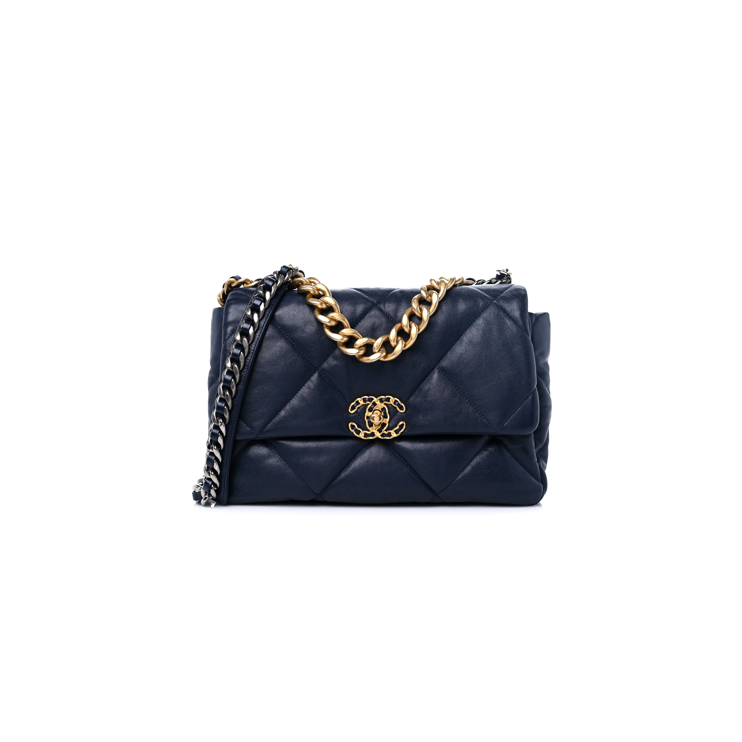 Ch*el lambskin quilted large Ch*el 19 flap navy blue as1161 (30*20*10cm)